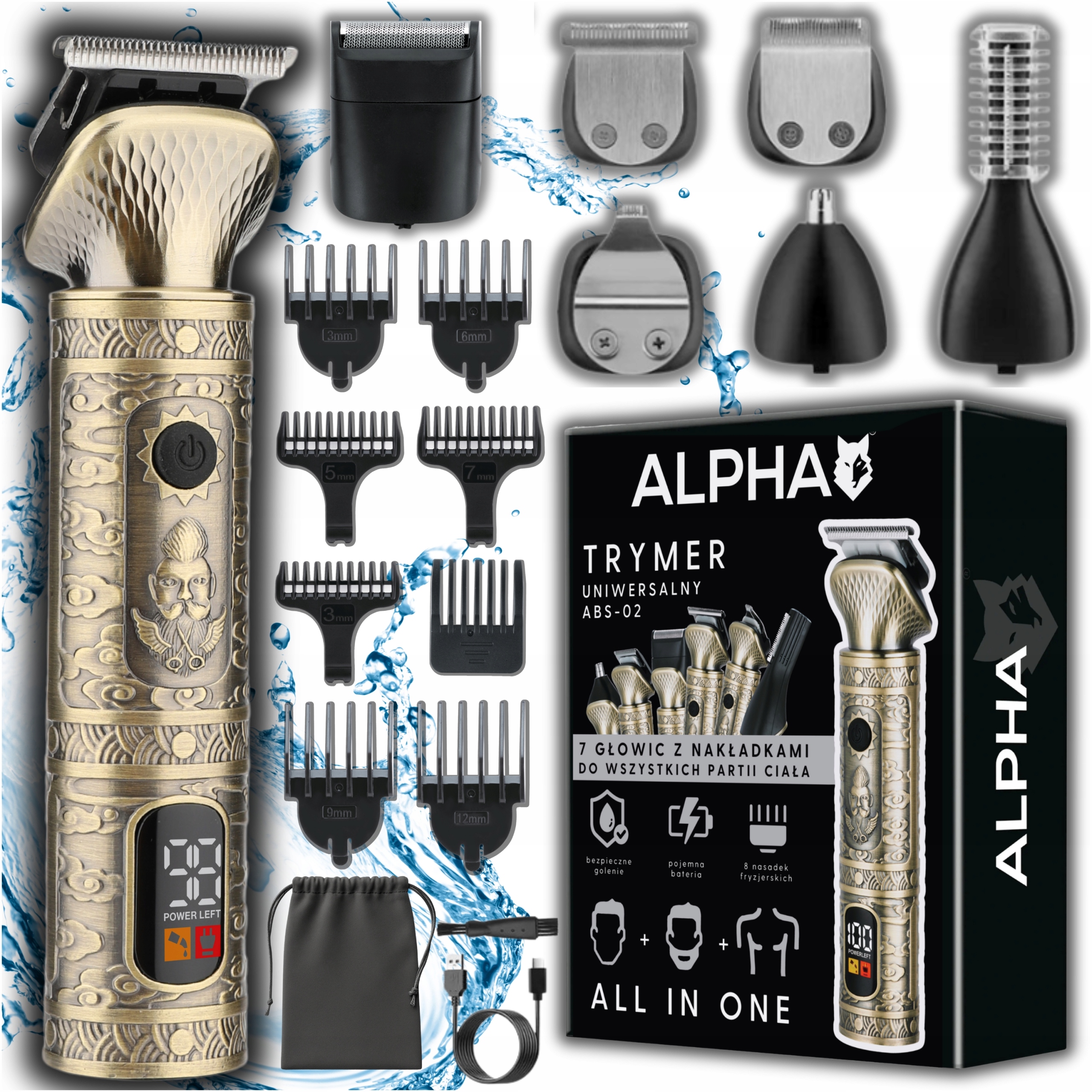 Multifunkčný zastrihávač ALPHA ABS-02 7 v 1 s 7 hlavicami, USB-C nabíjaním, výdržou až 90 minút a 16 nastaveniami dĺžky strihu.